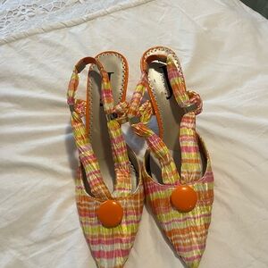 Striped Pointed Slingback Mules with Orange Accent - Multicolor